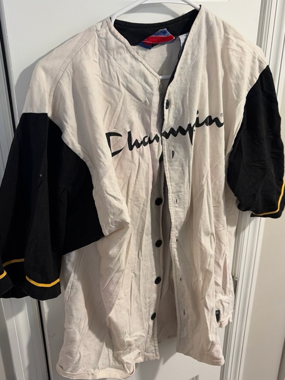 Champion Cream and Black Baseball Button-Up Jersey with Yellow Trim